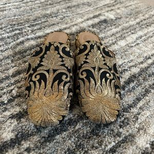 Tory Burch black and gold embroidered Carlotta mules